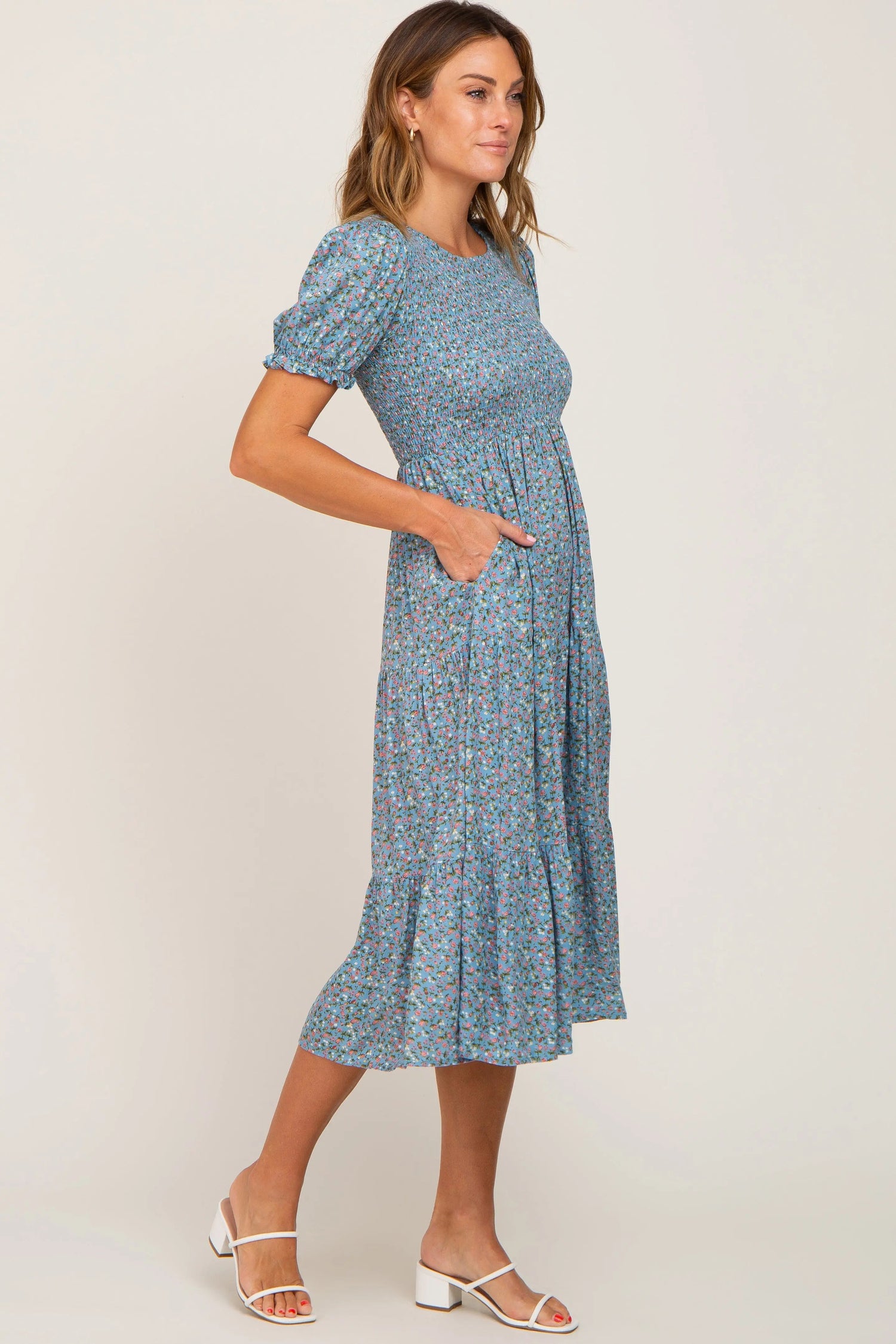 PinkBlush Blue Floral Smocked Midi Dress - 