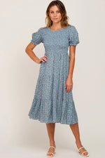 Blue Floral Smocked Midi Dress - Day Dress, One-piece garment, Person, Dress, Sandal | Everetts Place