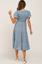 PinkBlush Blue Floral Smocked Midi Dress - 