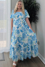 PinkBlush Blue Floral Smocked Puff Sleeve Maxi Dress - 