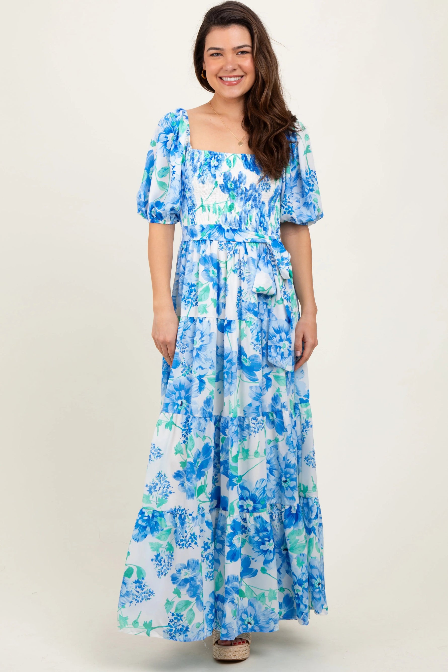 PinkBlush Blue Floral Smocked Puff Sleeve Maxi Dress - 