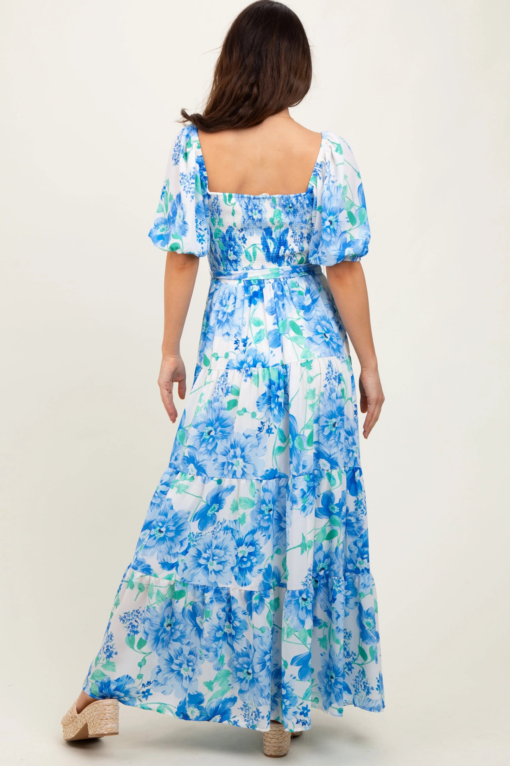 PinkBlush Blue Floral Smocked Puff Sleeve Maxi Dress - 