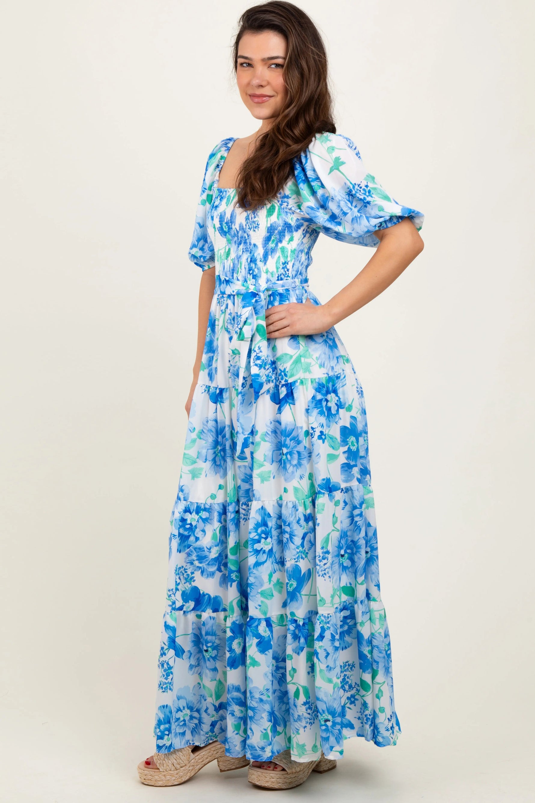 PinkBlush Blue Floral Smocked Puff Sleeve Maxi Dress - 