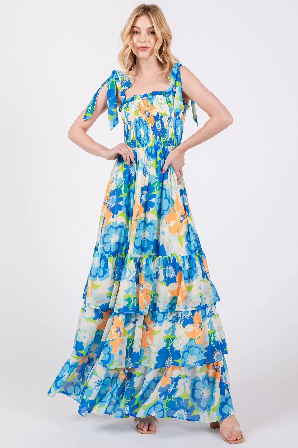 PinkBlush Blue Floral Smocked Shoulder Strap Maxi Dress - 