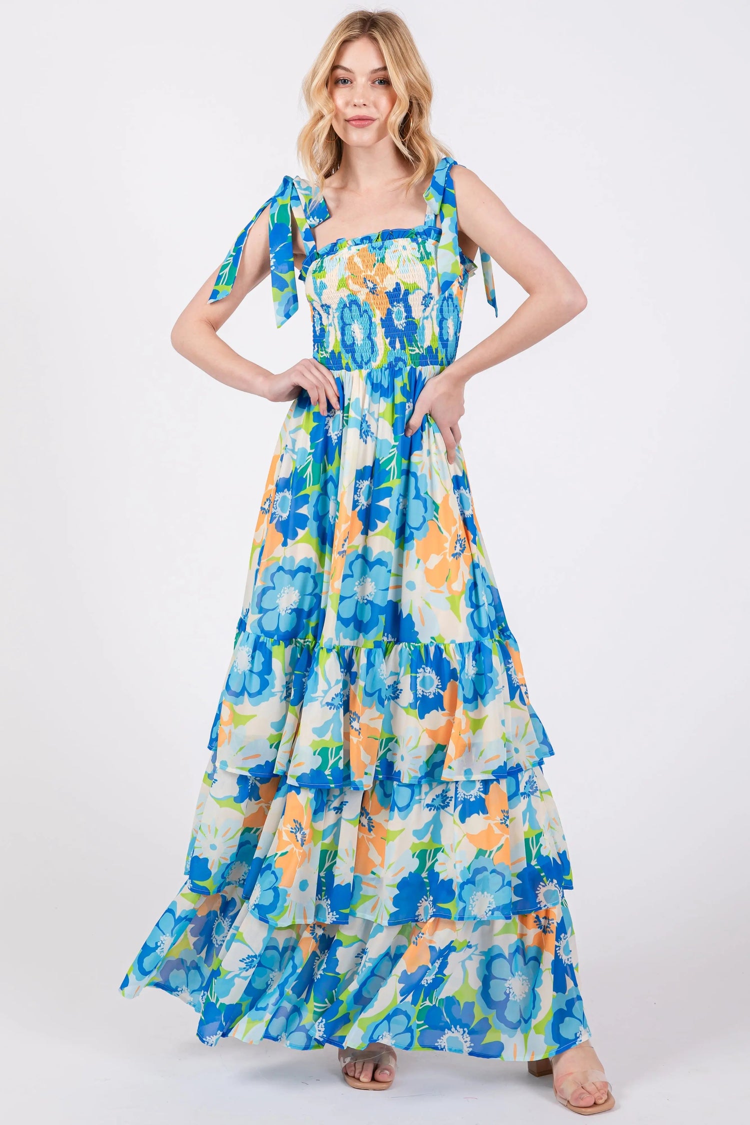 PinkBlush Blue Floral Smocked Shoulder Strap Maxi Dress - 