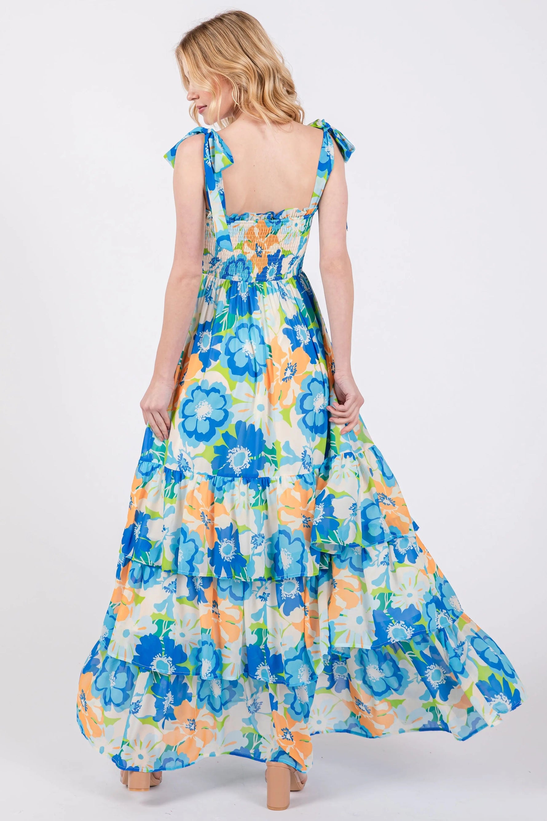 PinkBlush Blue Floral Smocked Shoulder Strap Maxi Dress - 