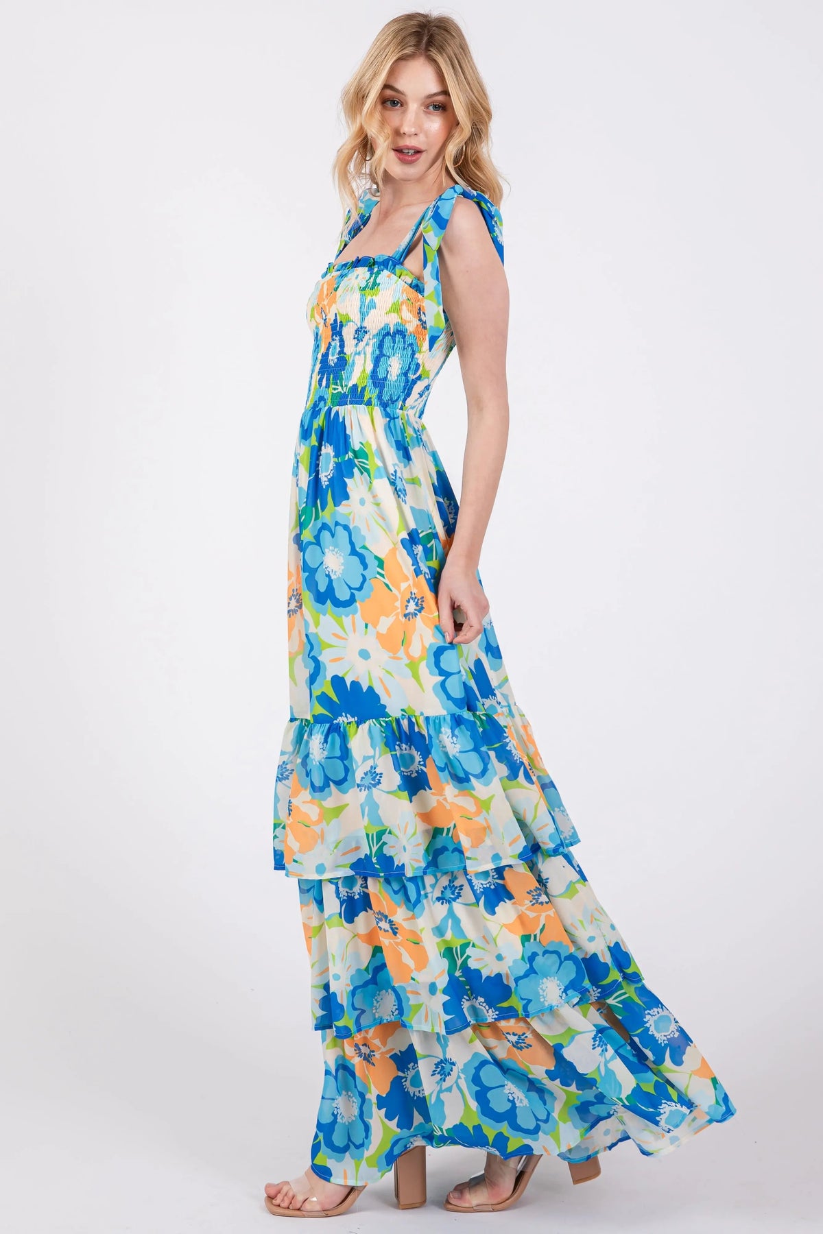 PinkBlush Blue Floral Smocked Shoulder Strap Maxi Dress - 