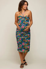 PinkBlush Blue Floral Sweetheart Halter Mesh Maternity Midi Dress - 