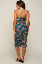 PinkBlush Blue Floral Sweetheart Halter Mesh Maternity Midi Dress - 