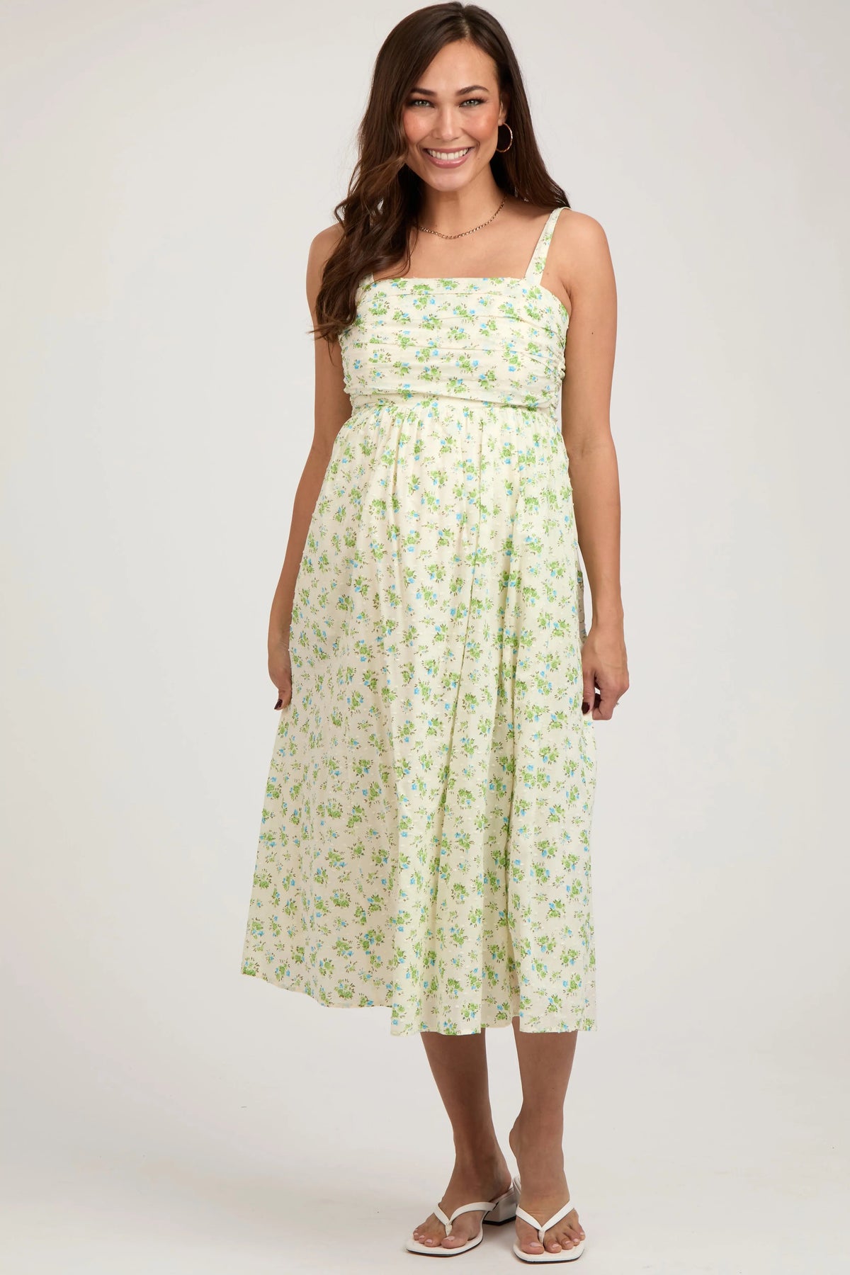 PinkBlush Blue Floral Textured Dot Square Neck Maternity Midi Dress - 