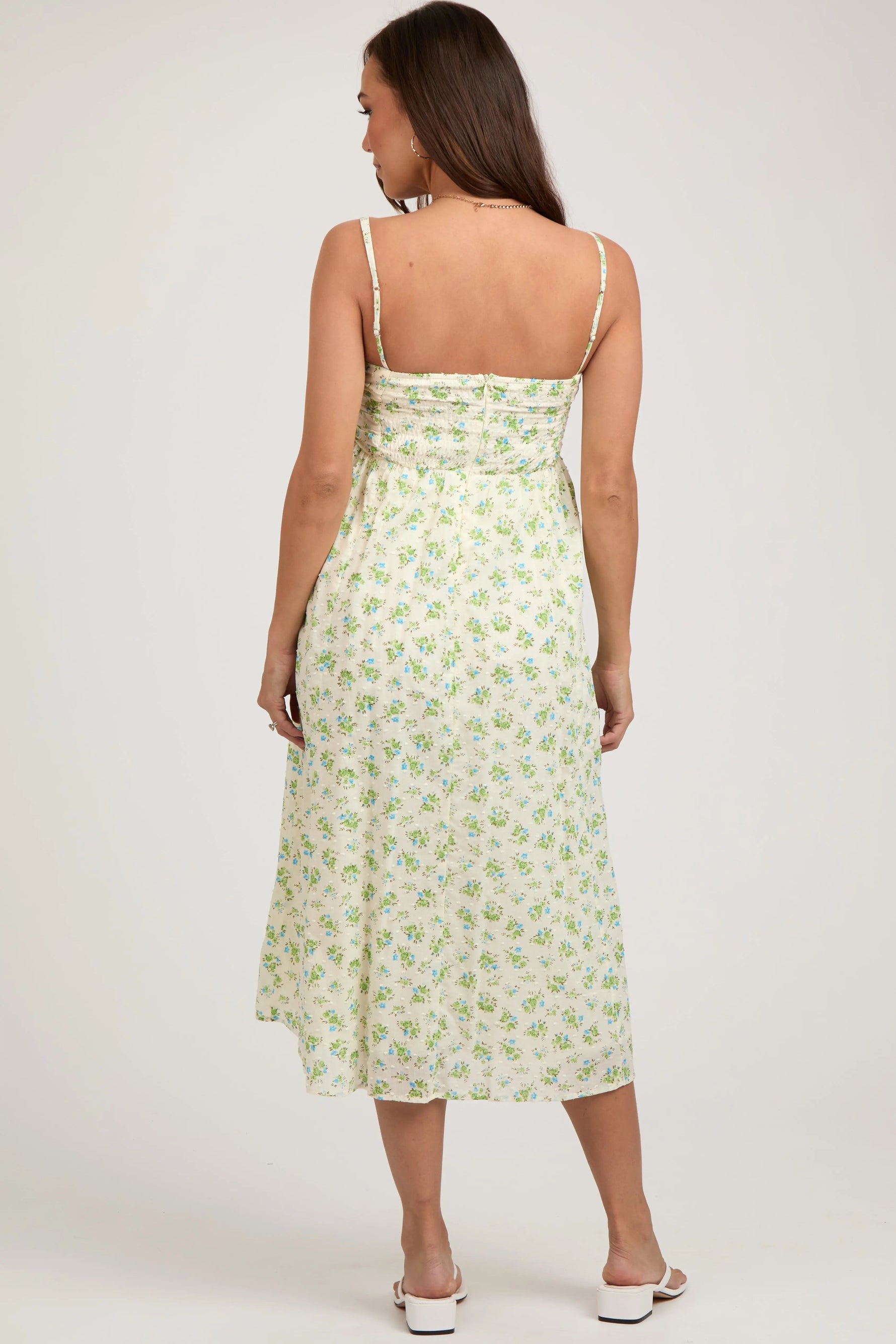 PinkBlush Blue Floral Textured Dot Square Neck Maternity Midi Dress - 
