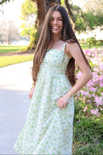 PinkBlush Blue Floral Textured Dot Square Neck Midi Dress - 
