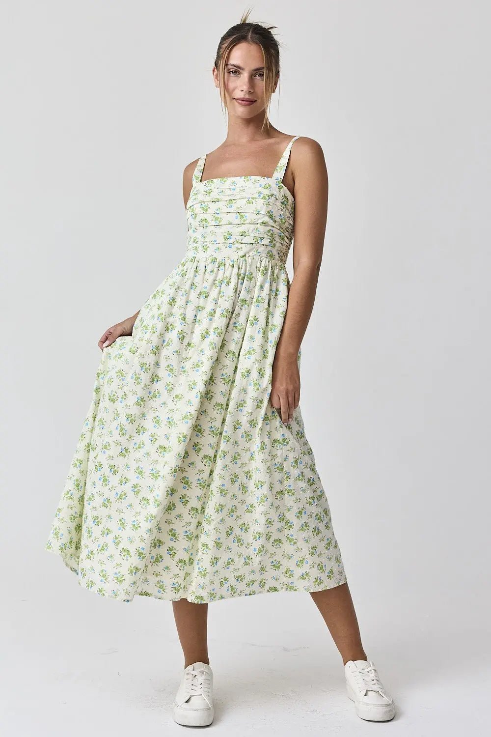 Blue Floral Textured Dot Square Neck Midi Dress - One-piece garment, Fashion, Day Dress, Dress, Waist | Everetts Place