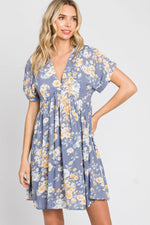 PinkBlush Blue Floral V - Neck Short Sleeve Dress - 