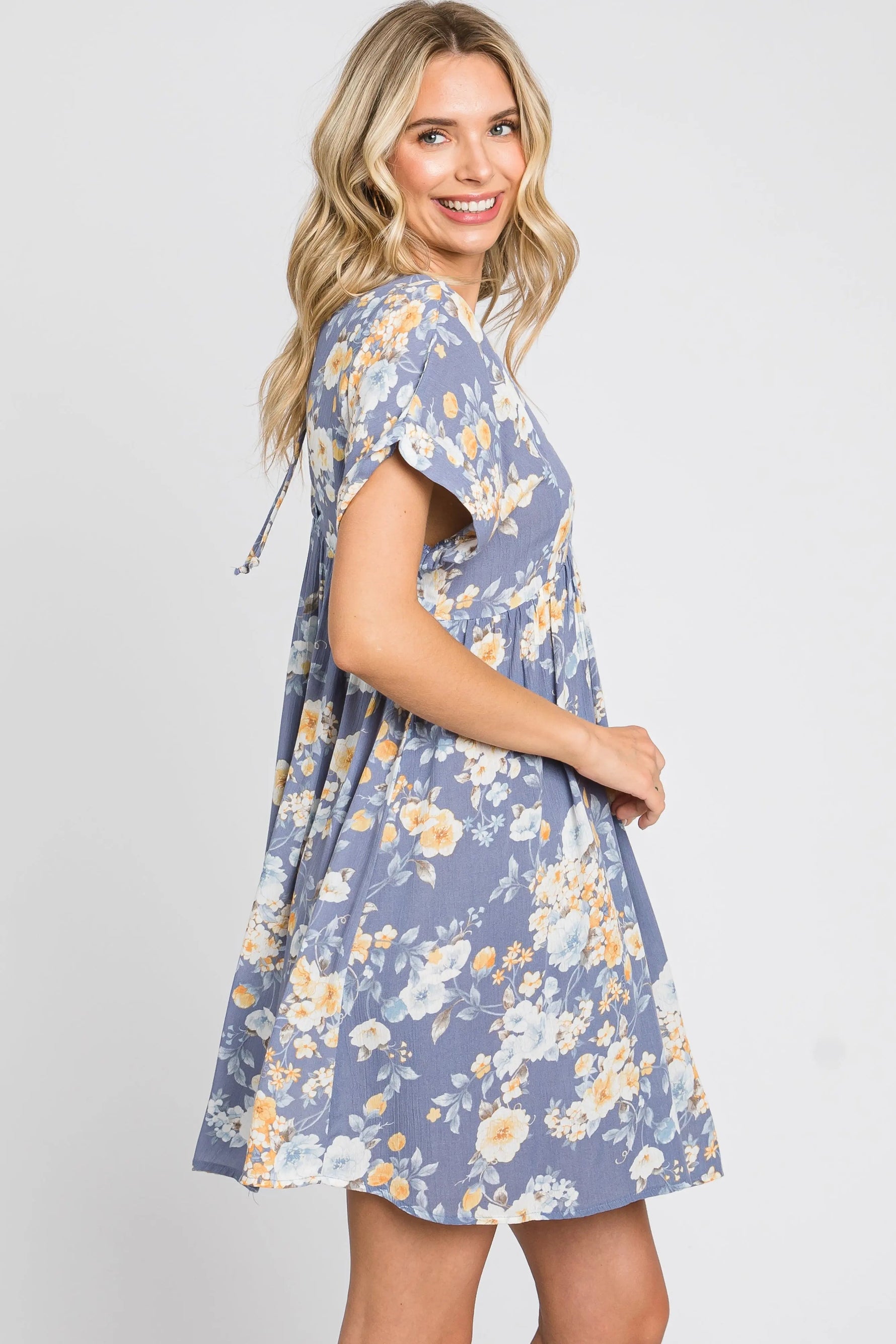 PinkBlush Blue Floral V - Neck Short Sleeve Dress - 