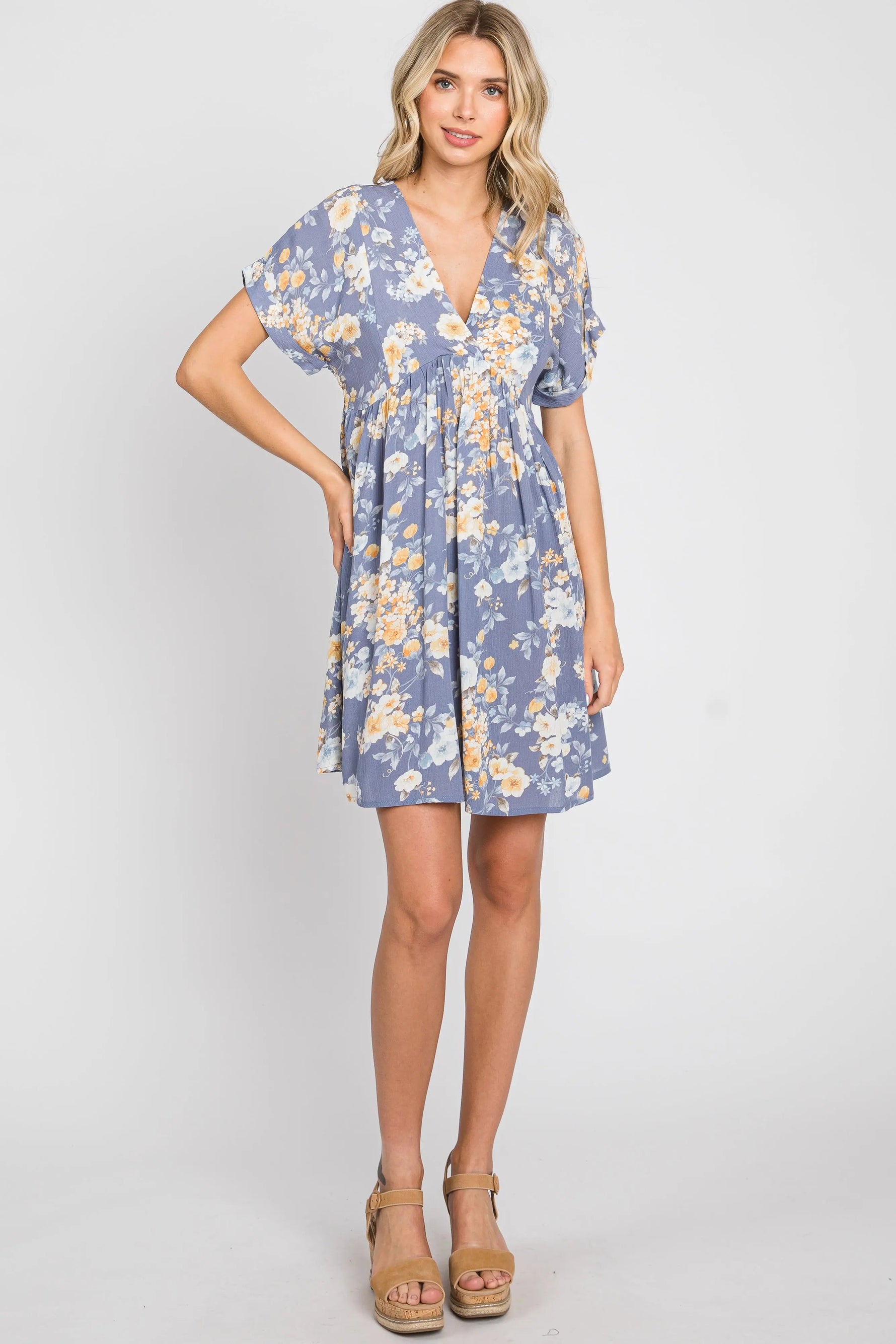 PinkBlush Blue Floral V - Neck Short Sleeve Dress - 