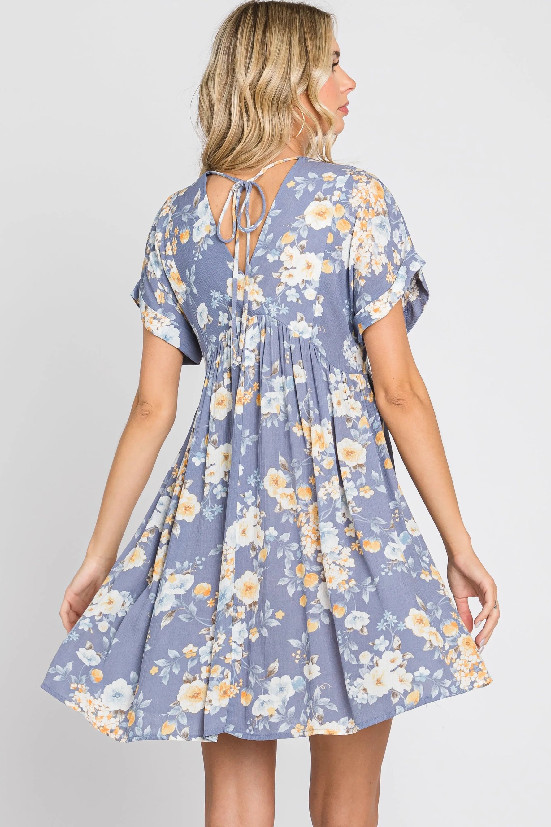 PinkBlush Blue Floral V - Neck Short Sleeve Dress - 