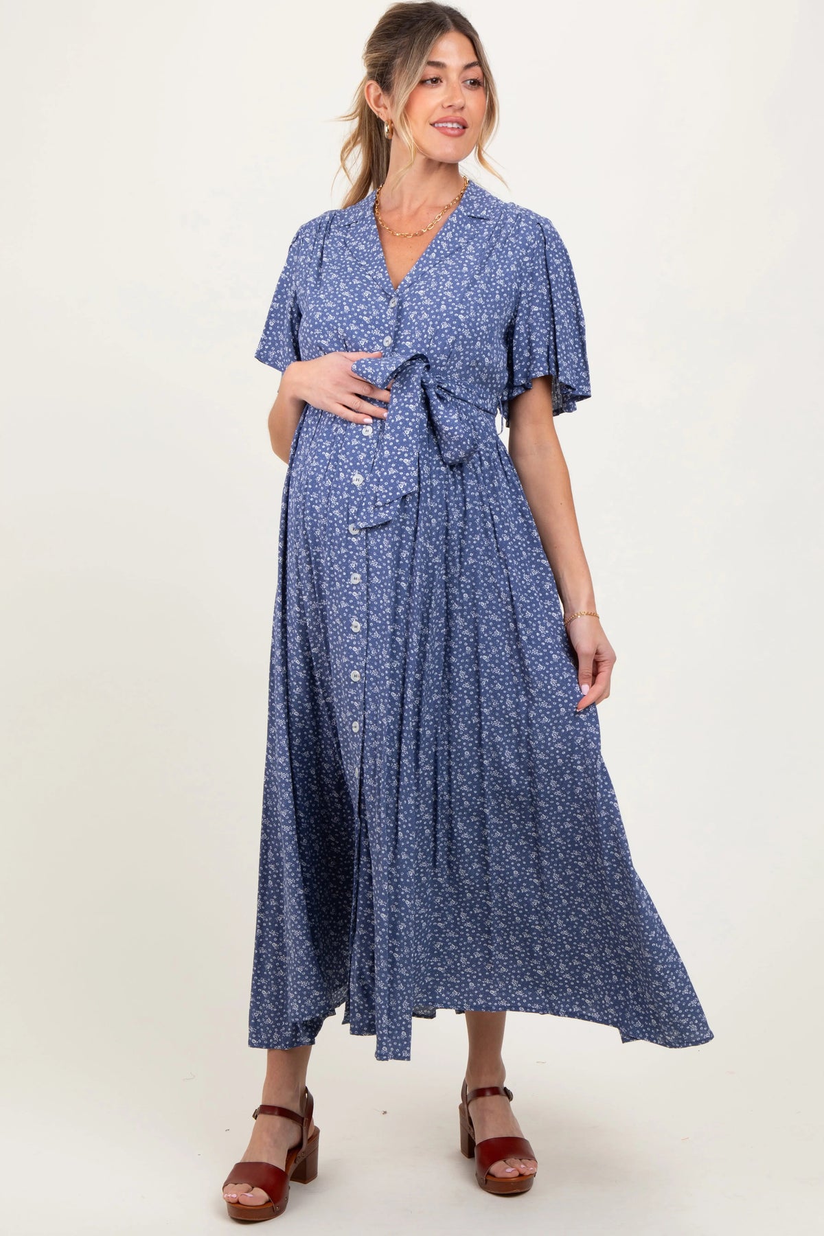PinkBlush Blue Flutter Sleeve Button Down Maternity Maxi Dress - 