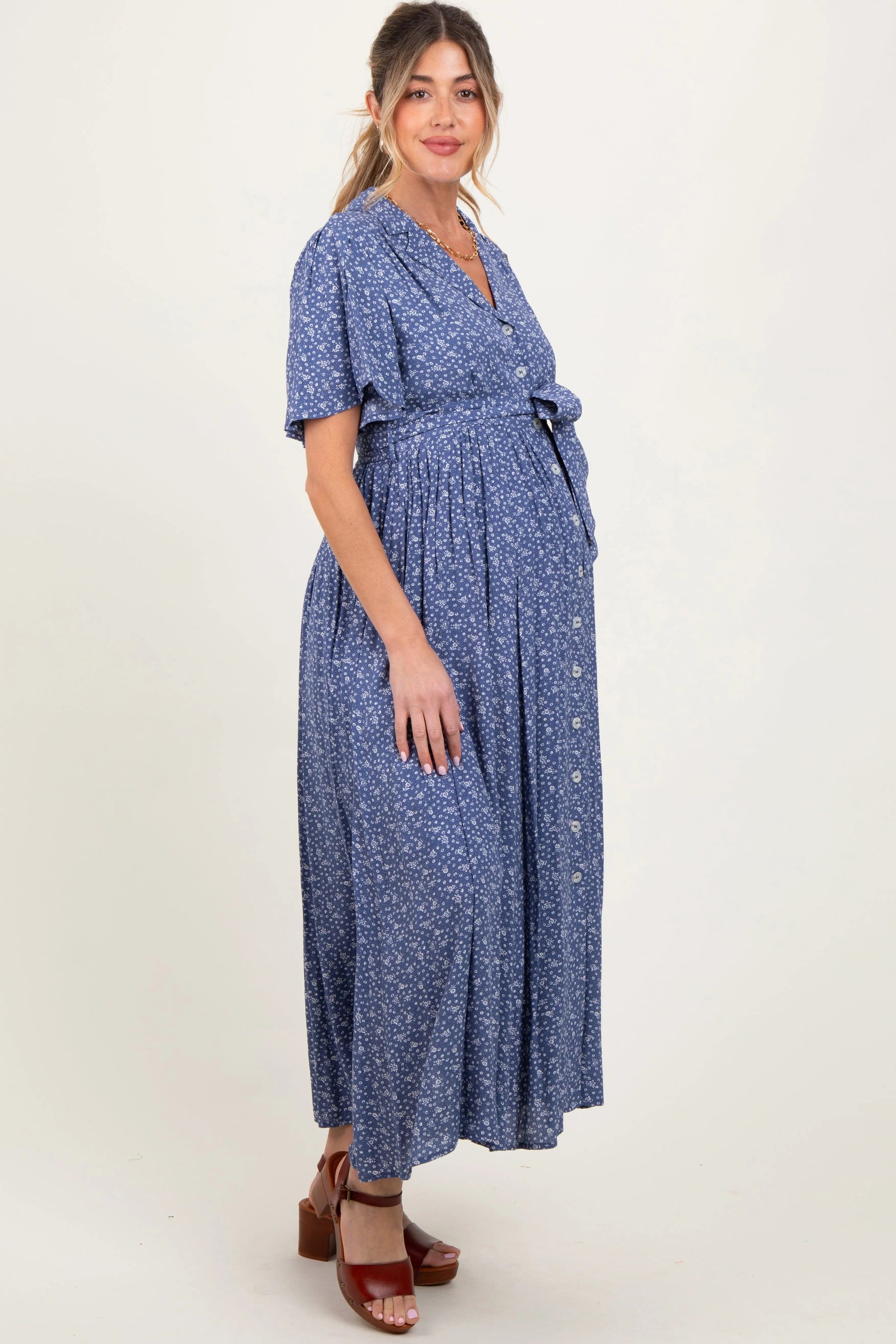 PinkBlush Blue Flutter Sleeve Button Down Maternity Maxi Dress - 