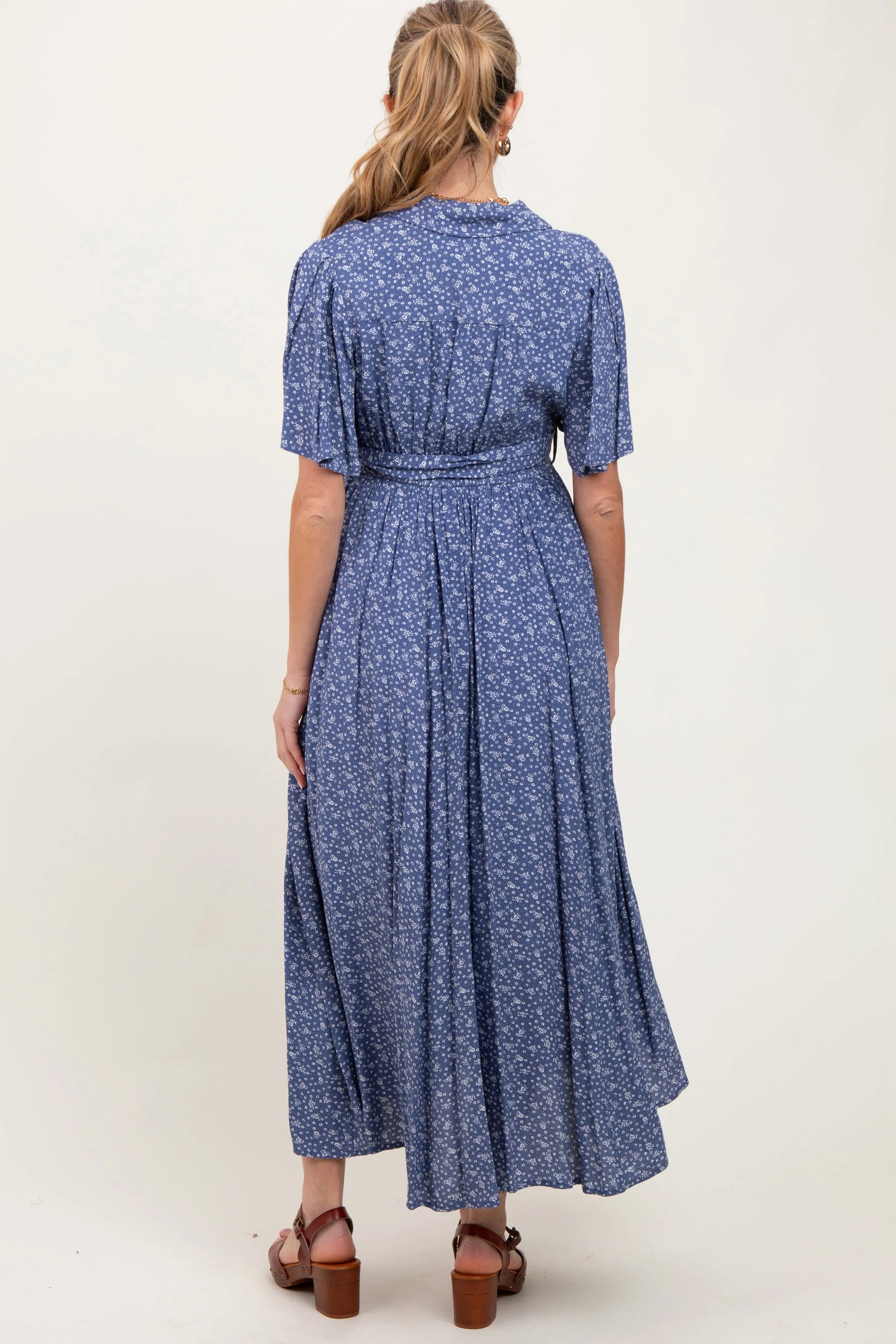 PinkBlush Blue Flutter Sleeve Button Down Maternity Maxi Dress - 