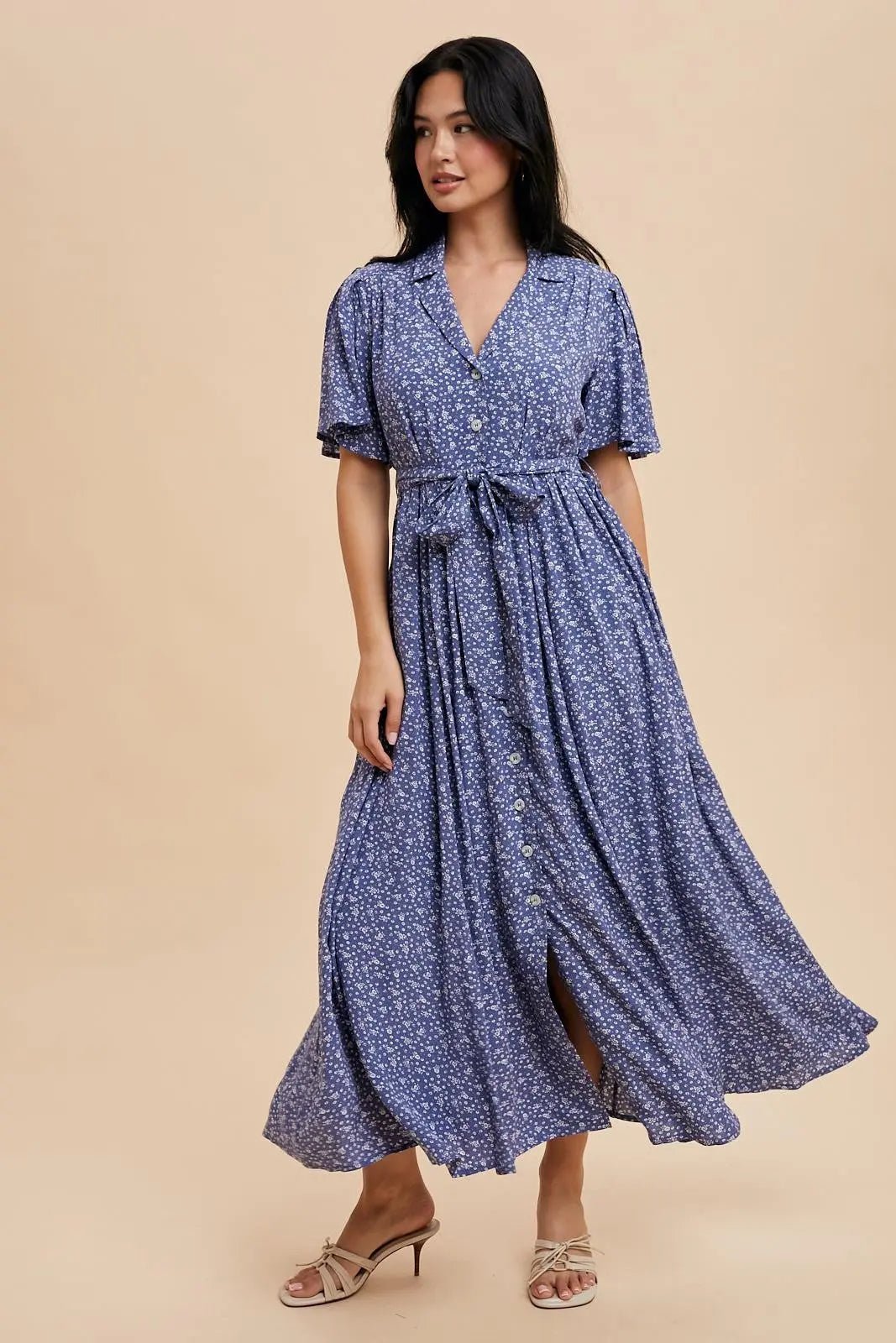 PinkBlush Blue Flutter Sleeve Button Down Maxi Dress - 