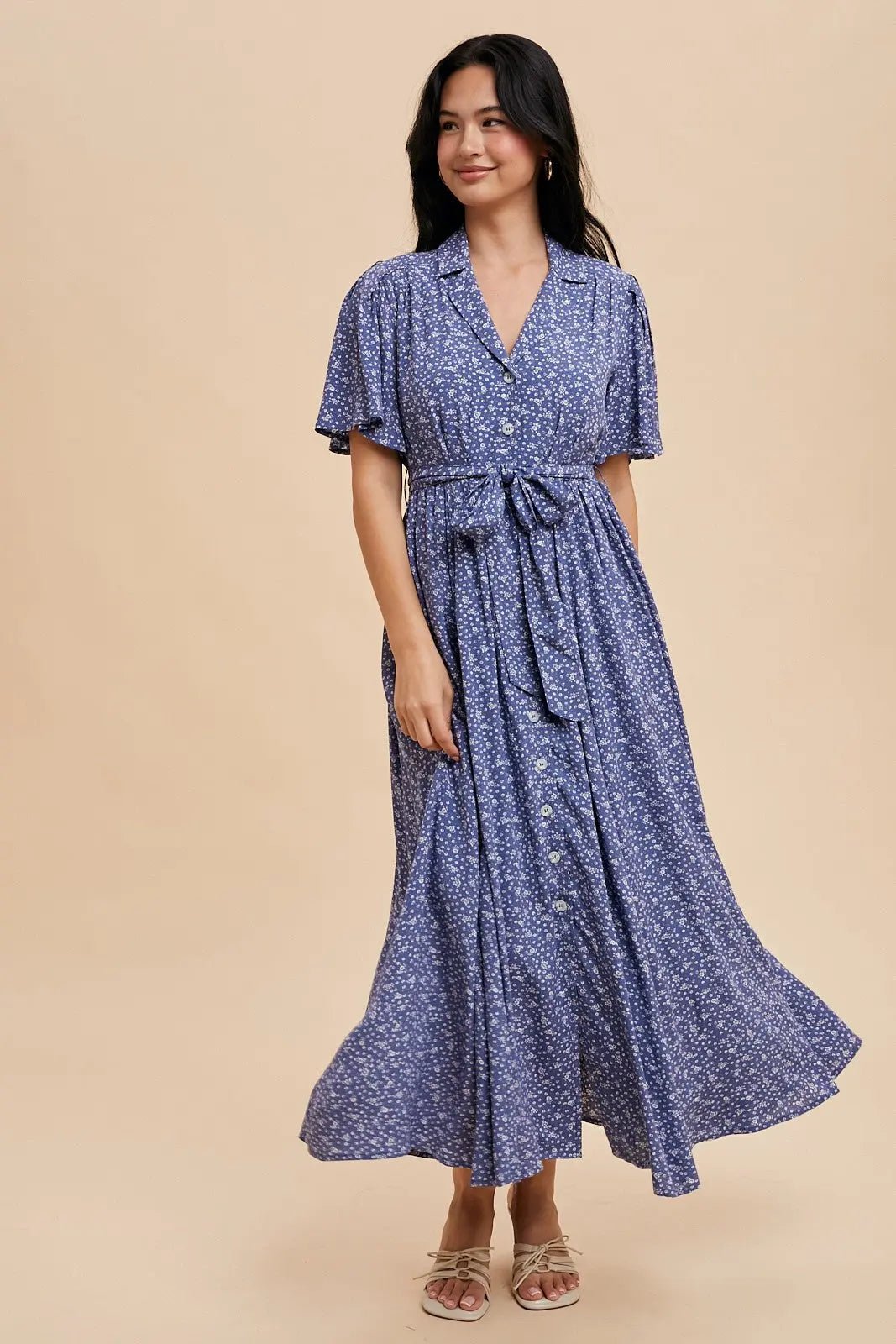 PinkBlush Blue Flutter Sleeve Button Down Maxi Dress - 