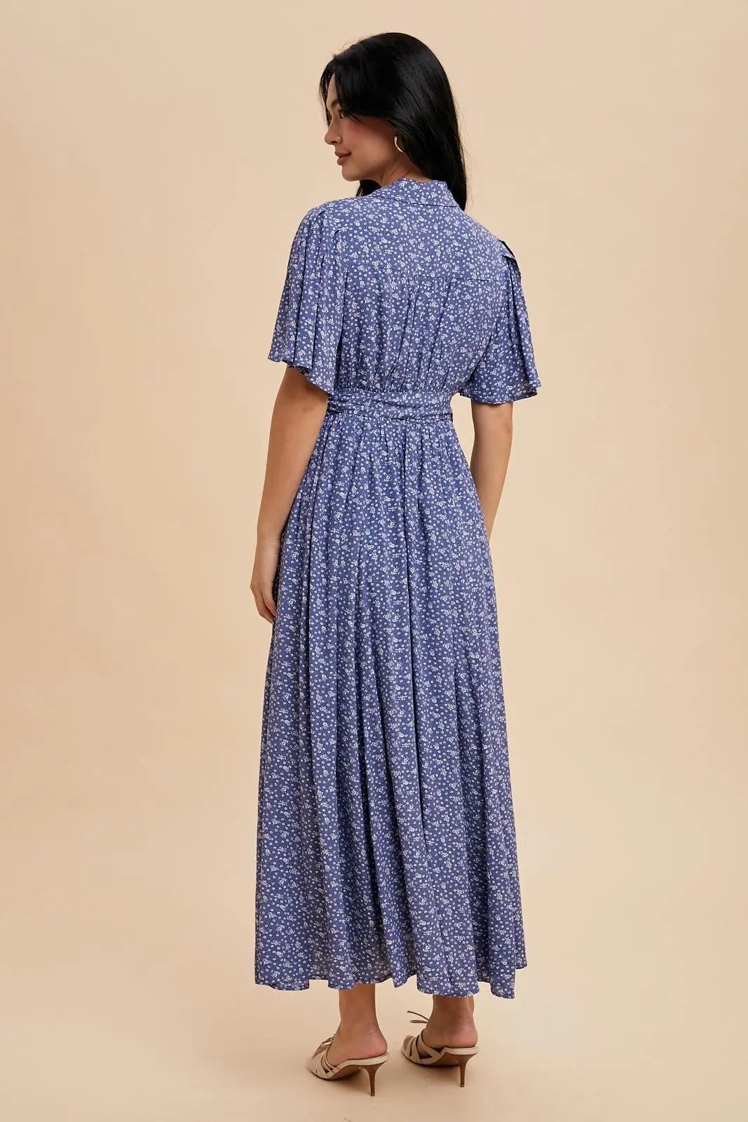 PinkBlush Blue Flutter Sleeve Button Down Maxi Dress - 
