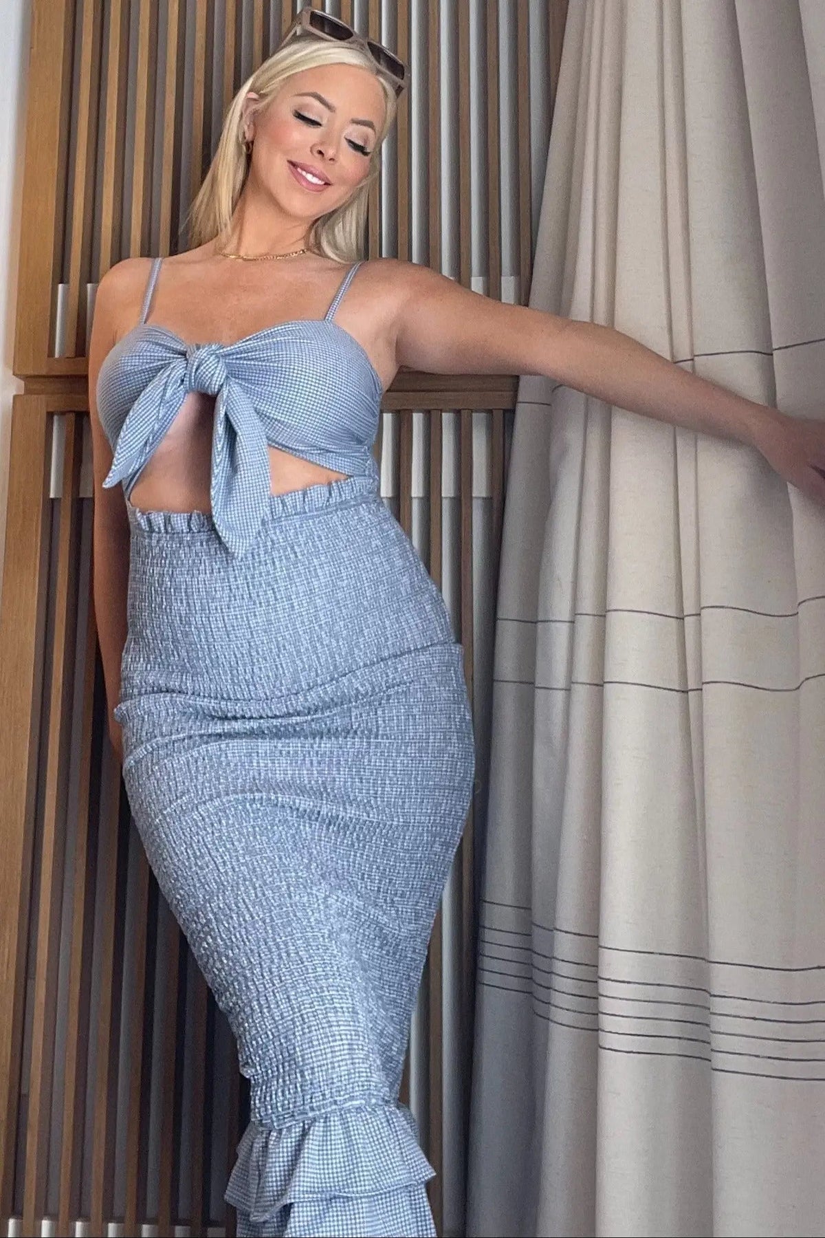 PinkBlush Blue Gingham Print Smocked Fitted Self - Tie Maternity Midi Dress - 