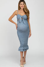 PinkBlush Blue Gingham Print Smocked Fitted Self - Tie Maternity Midi Dress - 