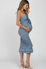 PinkBlush Blue Gingham Print Smocked Fitted Self - Tie Maternity Midi Dress - 