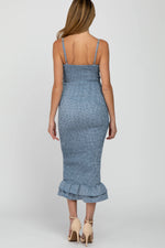 PinkBlush Blue Gingham Print Smocked Fitted Self - Tie Maternity Midi Dress - 