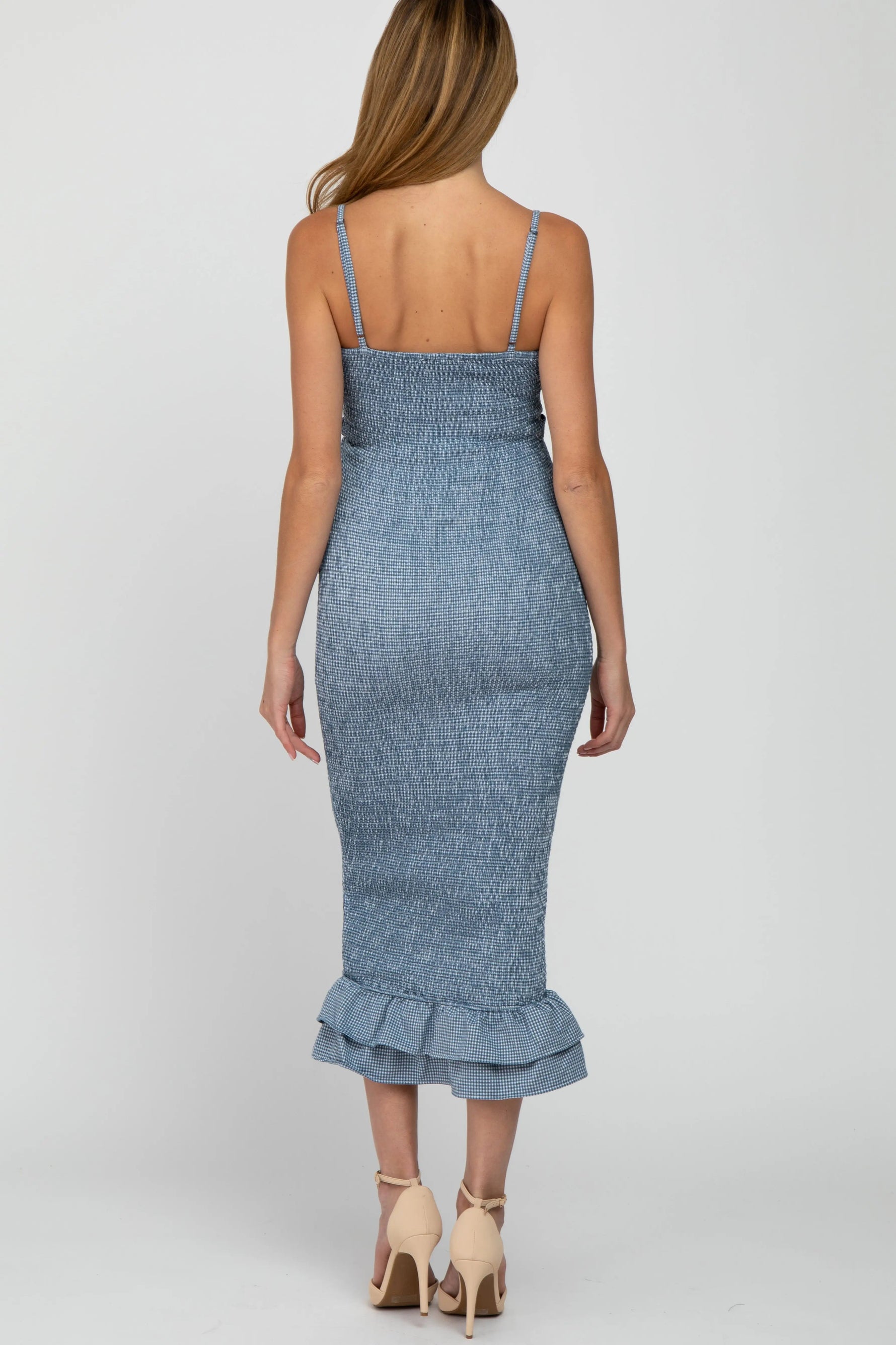 PinkBlush Blue Gingham Print Smocked Fitted Self - Tie Maternity Midi Dress - 