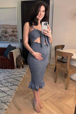 PinkBlush Blue Gingham Print Smocked Fitted Self - Tie Maternity Midi Dress - 