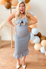 PinkBlush Blue Gingham Print Smocked Fitted Self - Tie Maternity Midi Dress - 