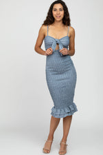 PinkBlush Blue Gingham Print Smocked Fitted Self - Tie Midi Dress - 
