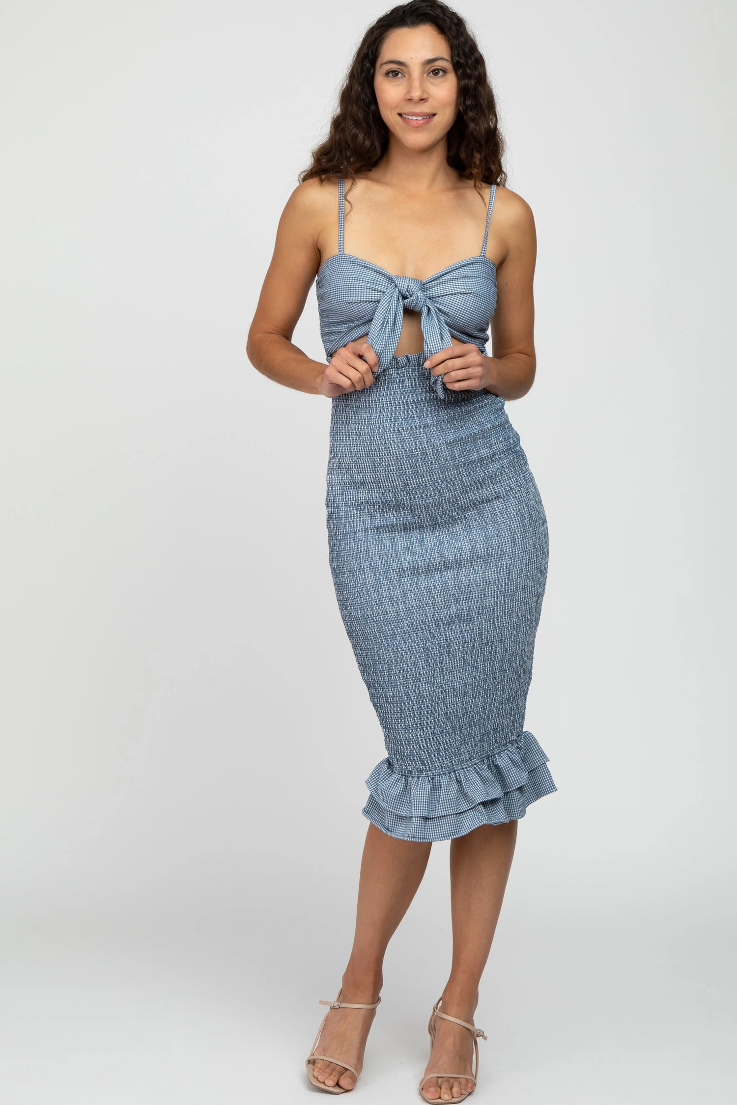 PinkBlush Blue Gingham Print Smocked Fitted Self - Tie Midi Dress - 
