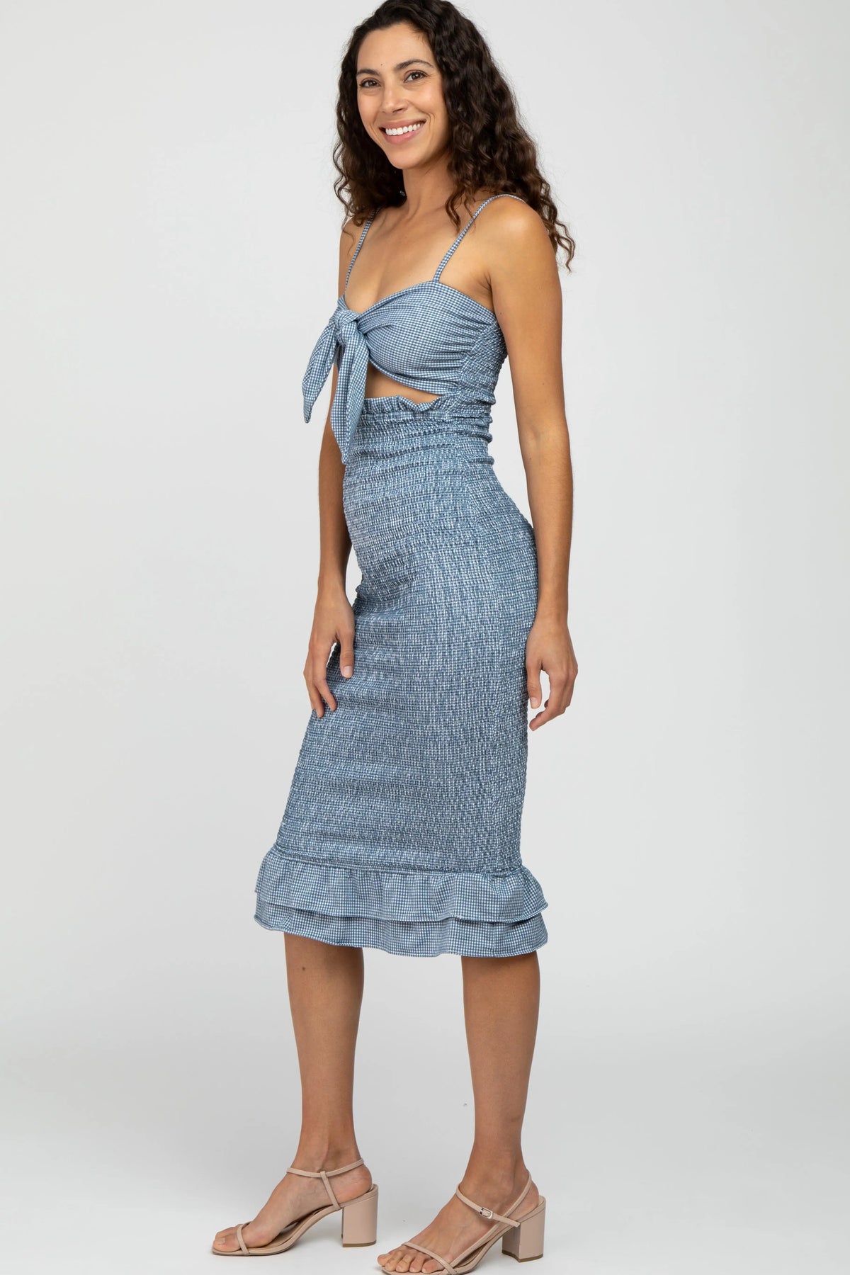 PinkBlush Blue Gingham Print Smocked Fitted Self - Tie Midi Dress - 