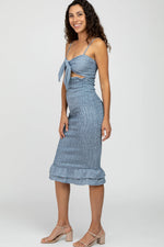 PinkBlush Blue Gingham Print Smocked Fitted Self - Tie Midi Dress - 