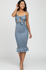 Blue Gingham Print Smocked Fitted Self-Tie Midi Dress - Dress, Fashion, Textile, One-piece garment, Day Dress | Everetts Place