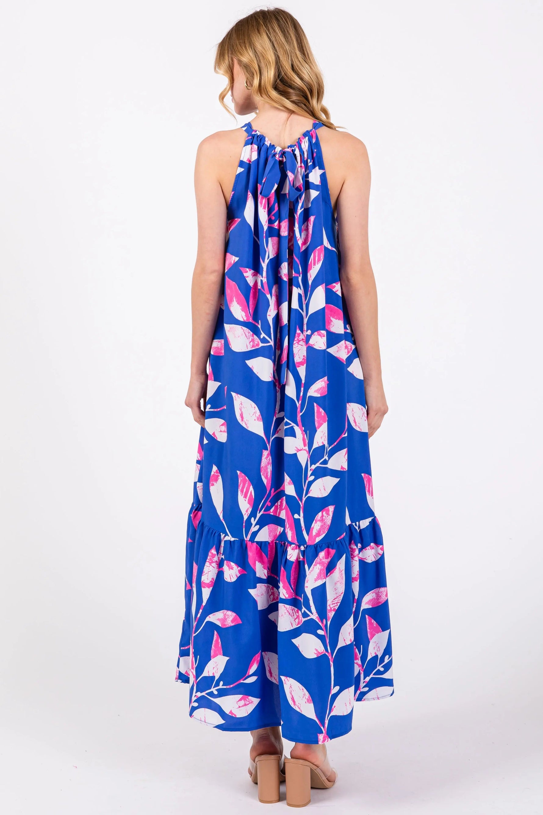 PinkBlush Blue Halter Leaf Print Midi Dress - 