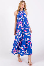 Blue Halter Leaf Print Midi Dress - Pink, Day Dress, One-piece garment, Person, Sandal | Everetts Place