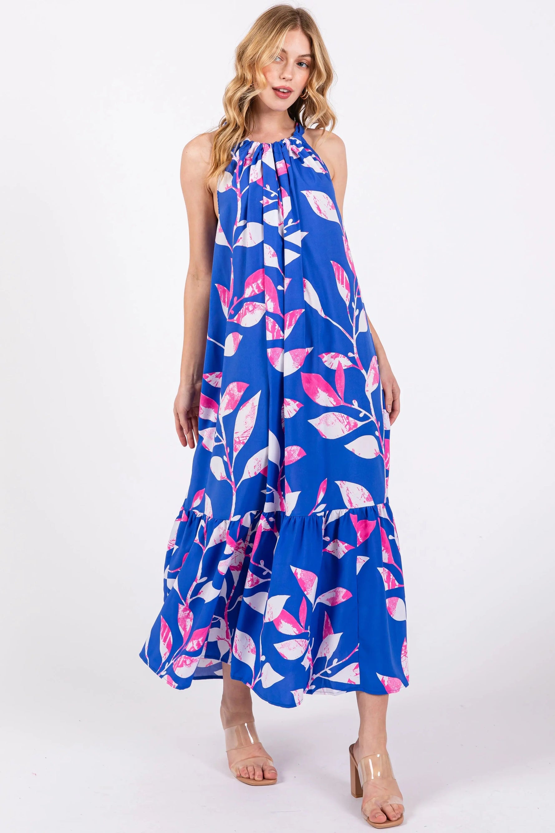 Blue Halter Leaf Print Midi Dress - Pink, Day Dress, One-piece garment, Person, Sandal | Everetts Place