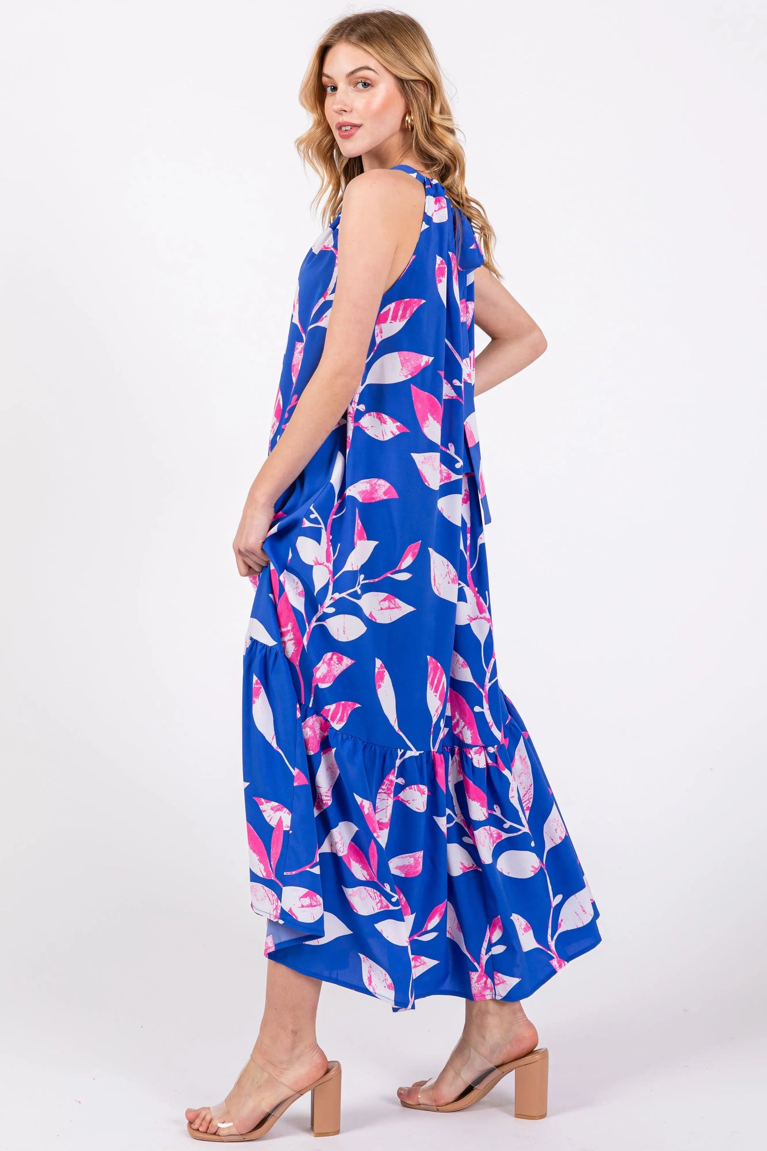 PinkBlush Blue Halter Leaf Print Midi Dress - 