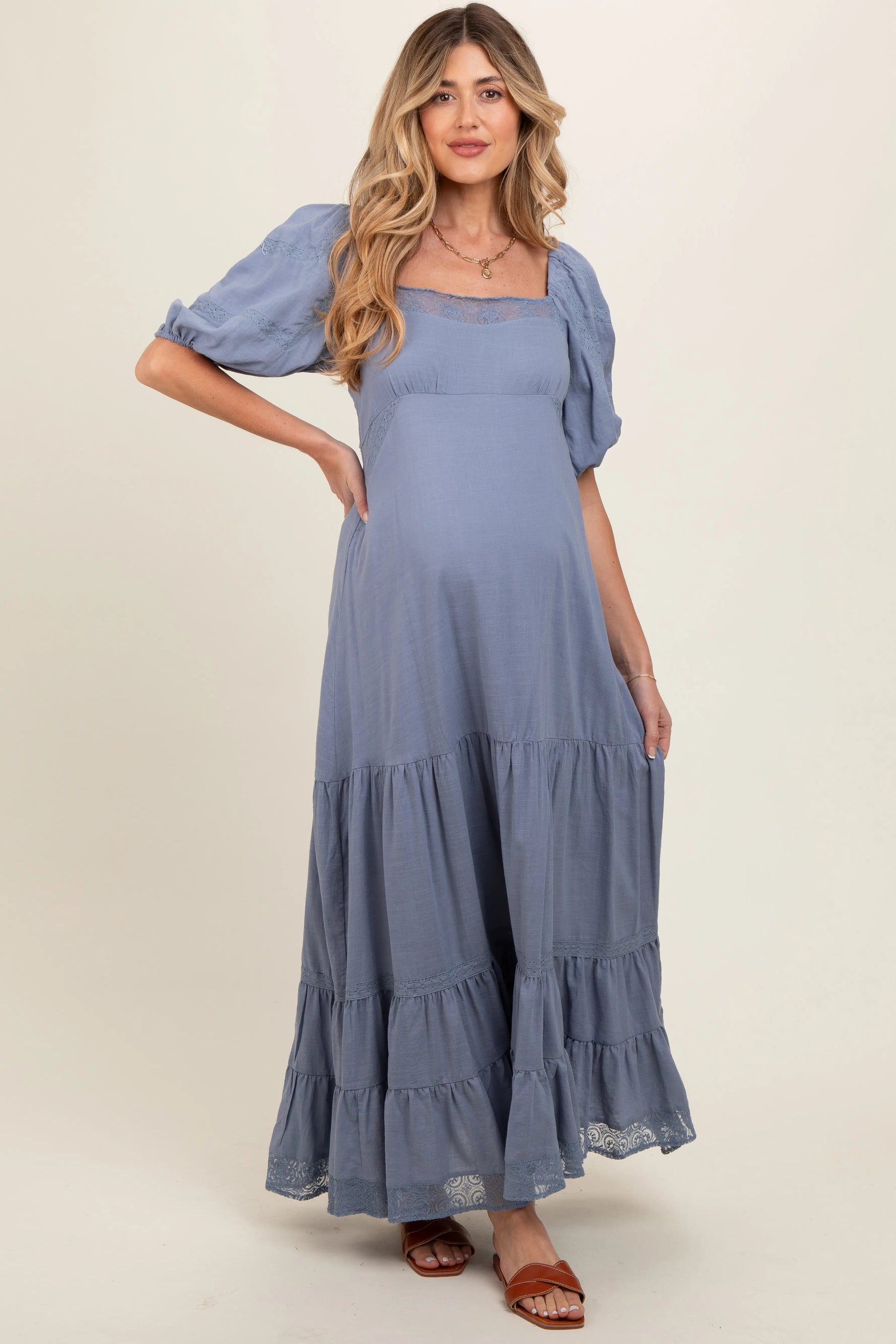 PinkBlush Blue Lace Insert Maternity Maxi Dress - 