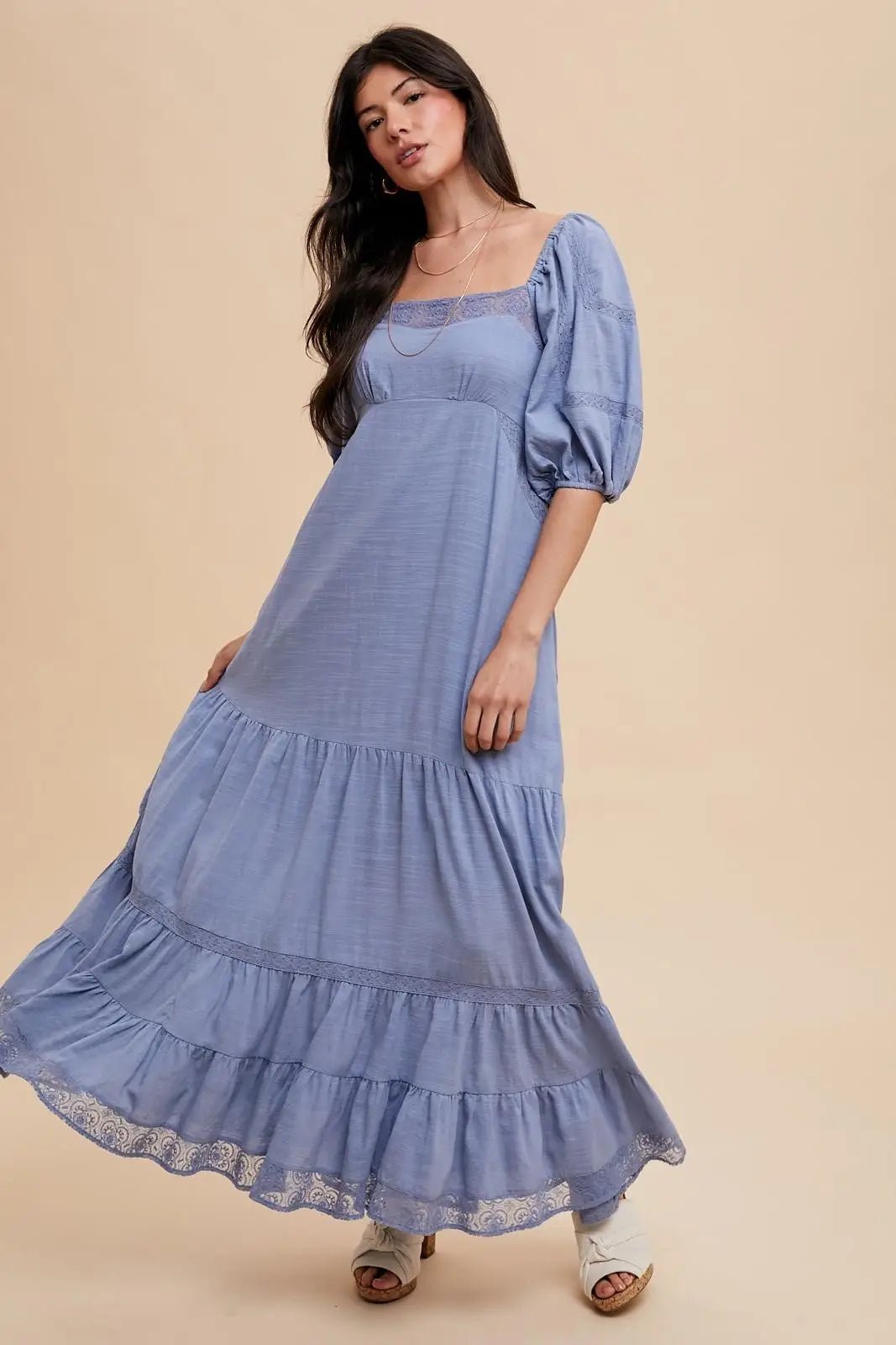 Blue Lace Insert Maxi Dress - Day Dress, Dress, One-piece garment, Gown, Ruffle | Everetts Place