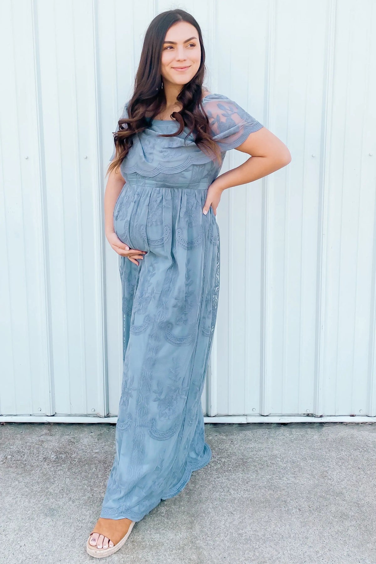PinkBlush Blue Lace Mesh Overlay Off Shoulder Maternity Maxi Dress - 