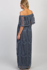 PinkBlush Blue Lace Mesh Overlay Off Shoulder Maternity Maxi Dress - 