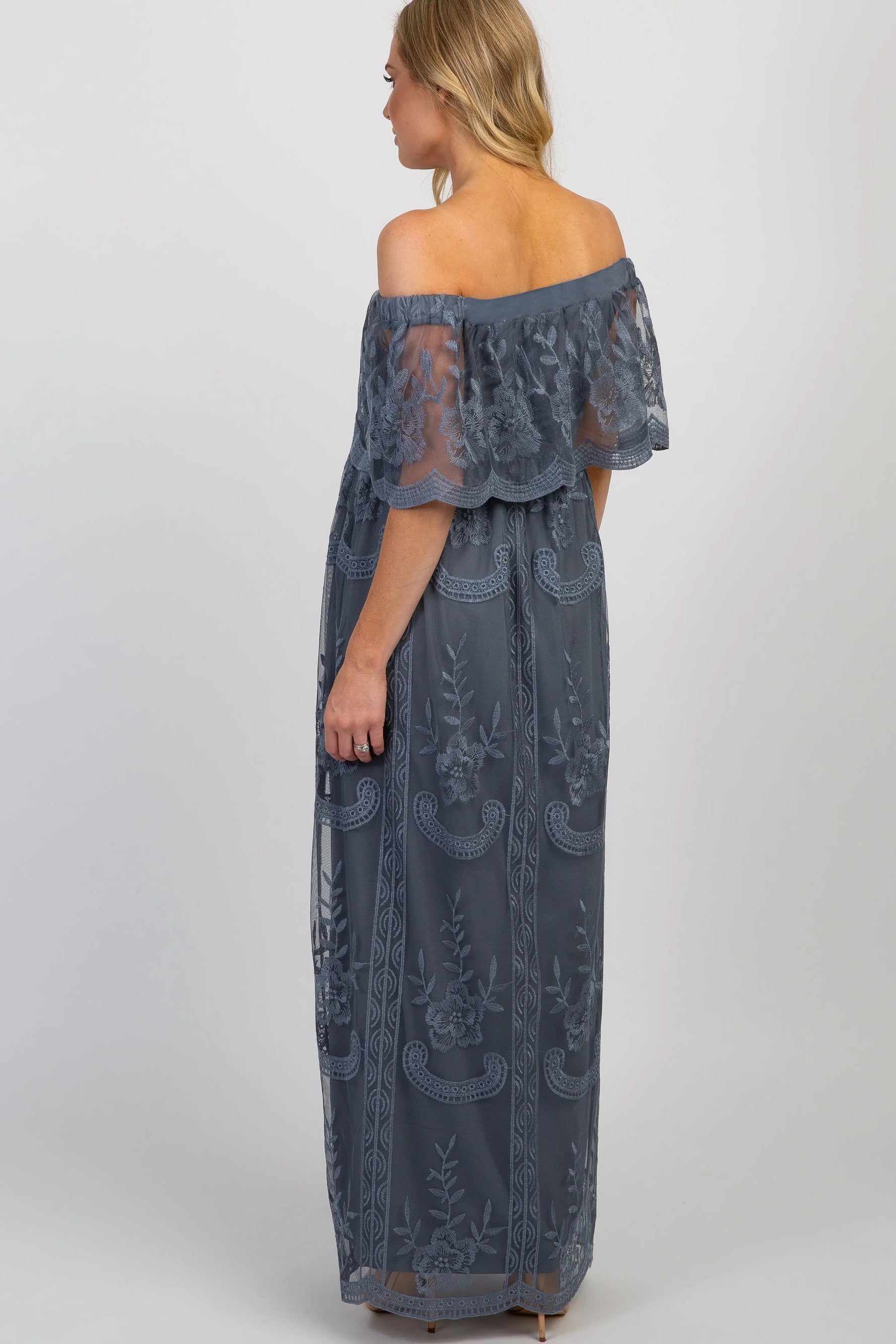 PinkBlush Blue Lace Mesh Overlay Off Shoulder Maternity Maxi Dress - 