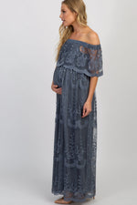 PinkBlush Blue Lace Mesh Overlay Off Shoulder Maternity Maxi Dress - 