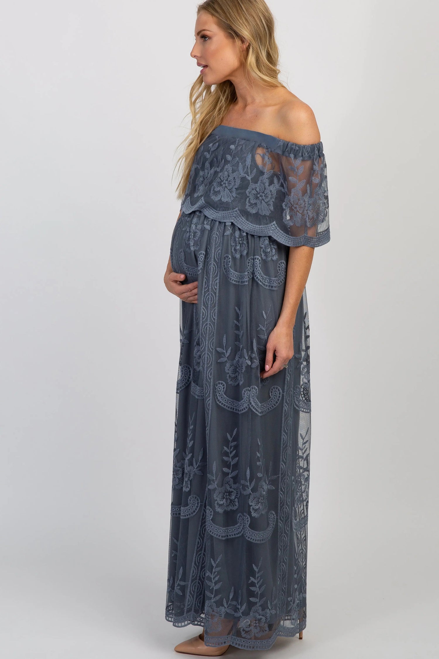 PinkBlush Blue Lace Mesh Overlay Off Shoulder Maternity Maxi Dress - 